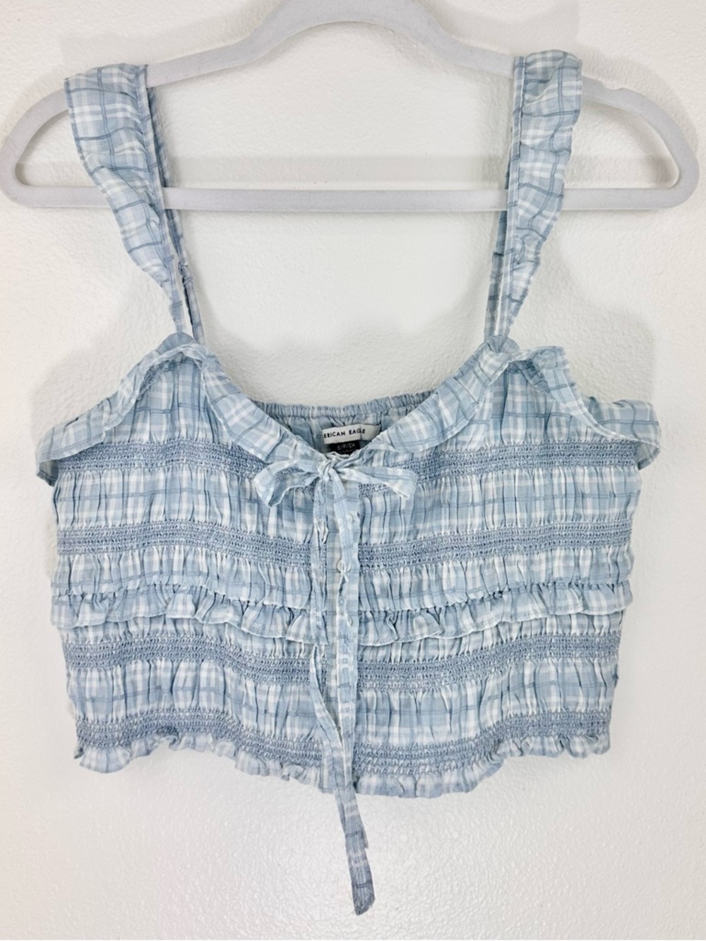 American Eagle Outfitters Y2K Flirty Light Blue Plaid Ruffle Crop Top Small